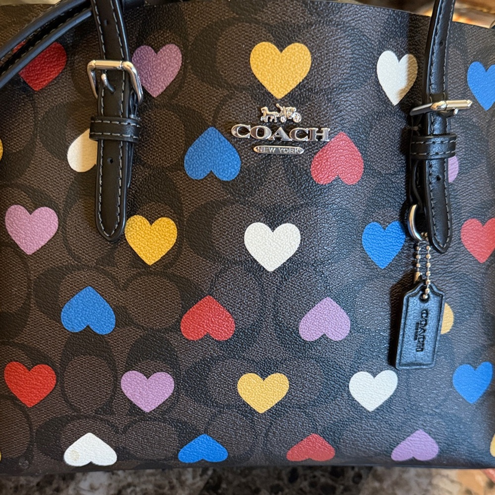 COACH Black Signature Canvas Tote with Multicolor Heart Print